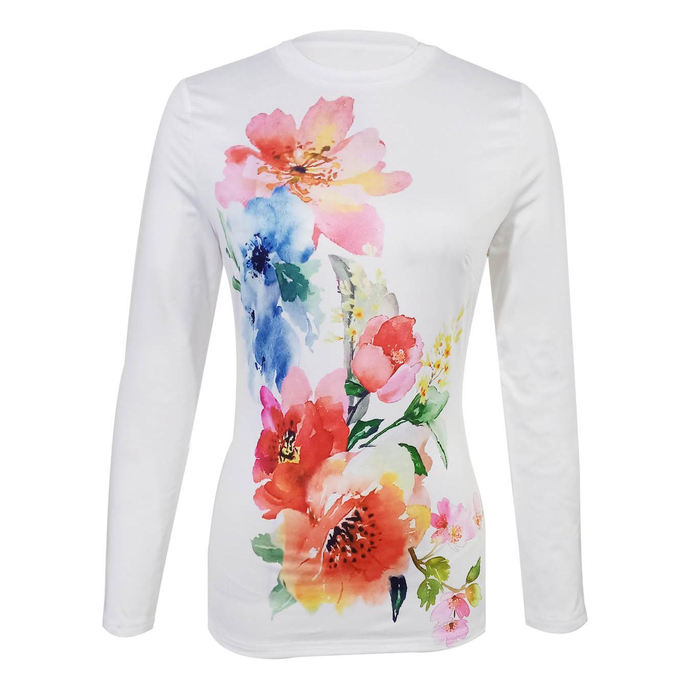 Ladies' Round Neck Flower Print Fashionable T-shirt